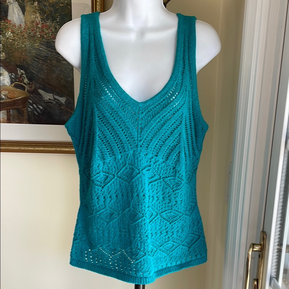 INC International Concepts Turquoise Crochet Knit Top V Neck, Excellent Cond!